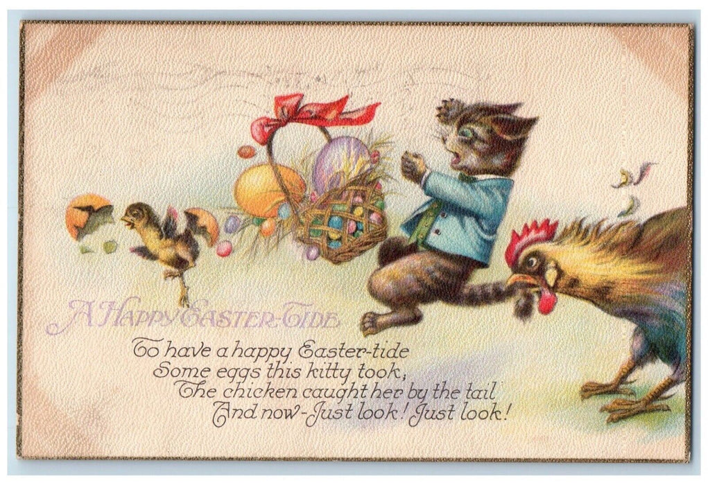c1910's Easter Basket Egg Rooster Bite Cat Tail Hatched Egg Chick Postcard