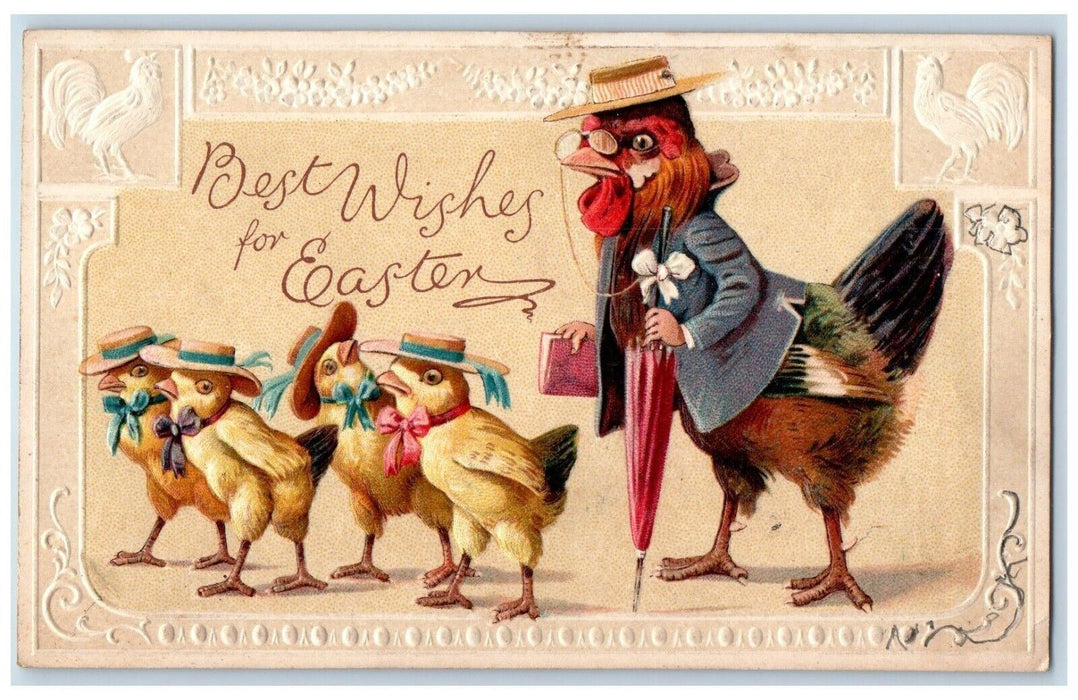 c1910's Easter Anthropomorphic Chicken Hen Chics Umbrella Book Embossed Postcard