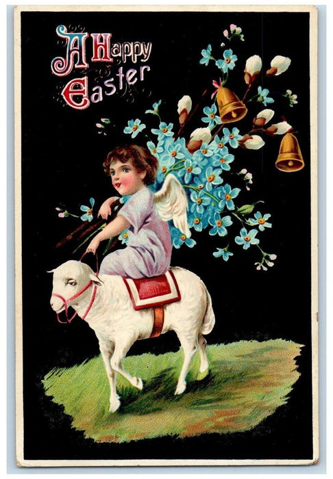 c1910's Easter Angel Riding Lamb With Pipe Berry Pansies Bells EAS Gel Postcard