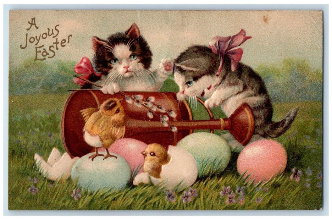 c1910's Easter Cats Hatched Eggs Flowers Watering Can Nash Embossed Postcard
