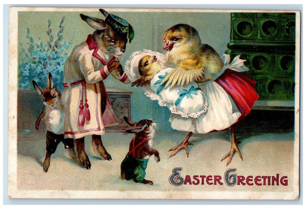 Easter Greetings Anthropomorphic Rabbit Chicks New Baby Embossed Posted Postcard