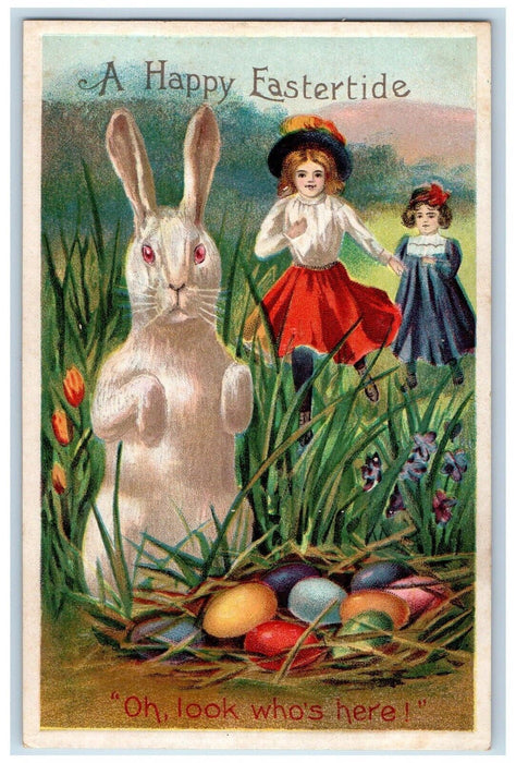 c1910's Easter Girls Rabbit Hiding Eggs Pansies Embossed Antique Posted Postcard