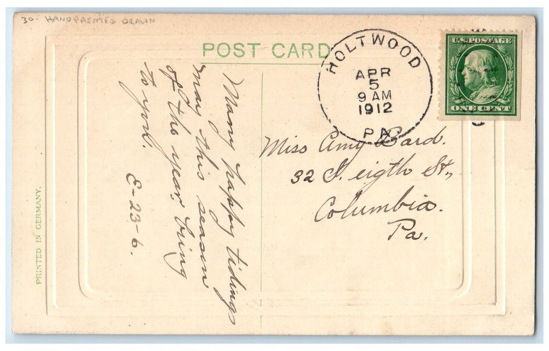 1912 Easter Purple Flowers Handprinted Drawn Embossed Holltwood PA Postcard
