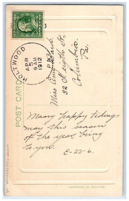 1912 Easter Purple Flowers Handprinted Drawn Embossed Holltwood PA Postcard