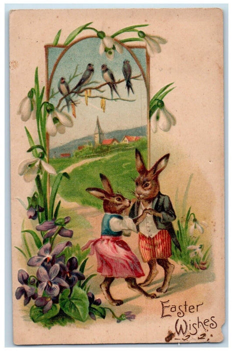 1907 Easter Wishes Anthropomorphic Rabbit Dancing Birds Pansies Bart PA Postcard