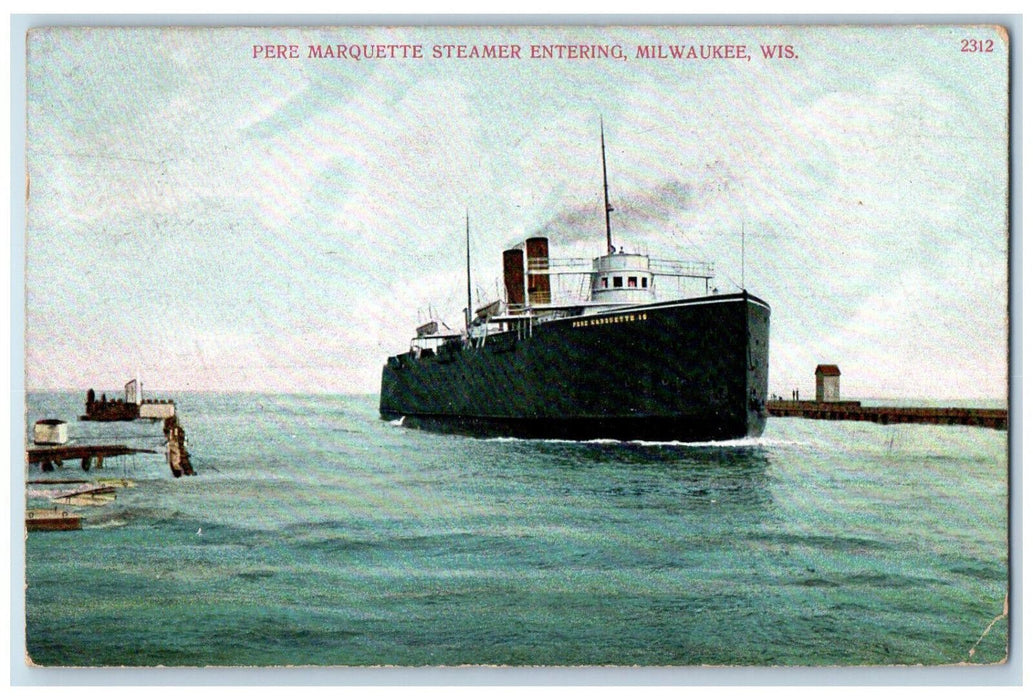 1908 Pere Marquette Steamer Ship Entering Milwaukee Wisconsin WI Postcard