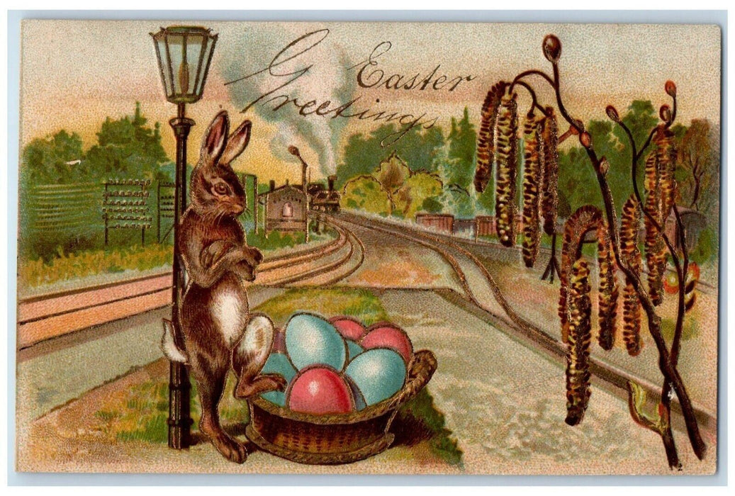 c1910's Easter Greetings Rabbit Basket Eggs Cattail Train Station Depot Postcard