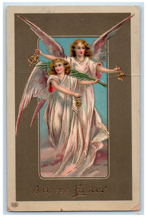 1911 Happy Easter Angels Ringing Bells Gel Gold Gilt Myerstown PA Postcard