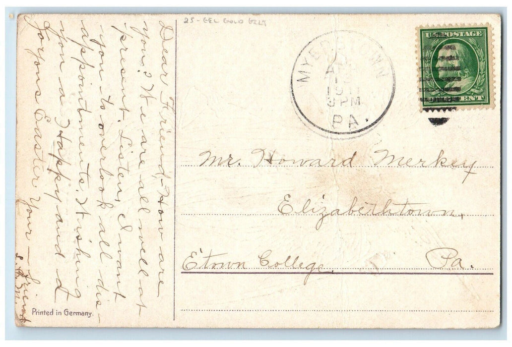 1911 Happy Easter Angels Ringing Bells Gel Gold Gilt Myerstown PA Postcard