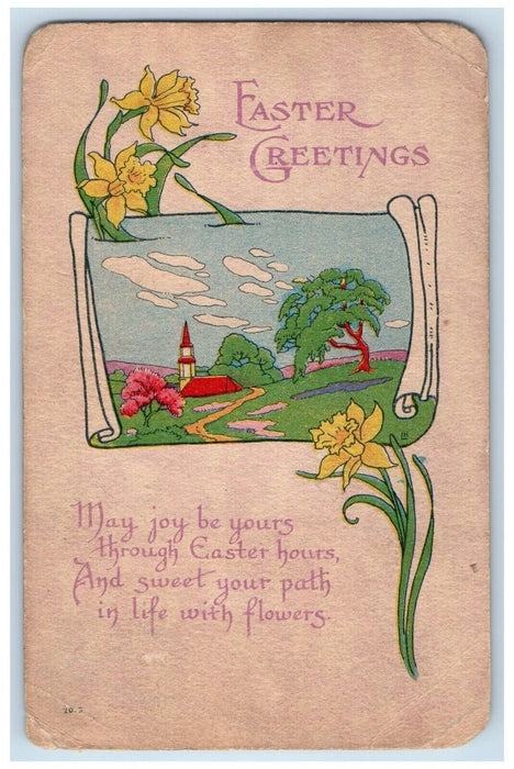 c1910's Easter Greetings Flowers House Arts Crafts Sleep Eye MN Antique Postcard