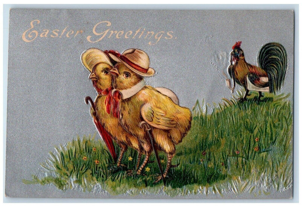 Easter Greetings Anthropomorphic Chicks Rooster Smoking Pipe Embossed Postcard