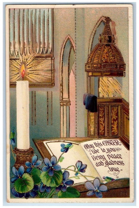 c1910's Easter Book Candle Light Pansies Flowers Gel Gold Gilt Antique Postcard