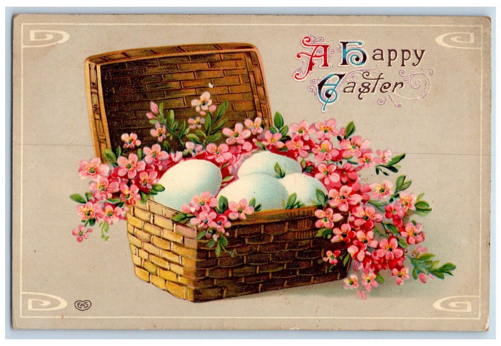 c1910's Happy Easter Flowers And Eggs In Basket EAS Gel Posted Antique Postcard