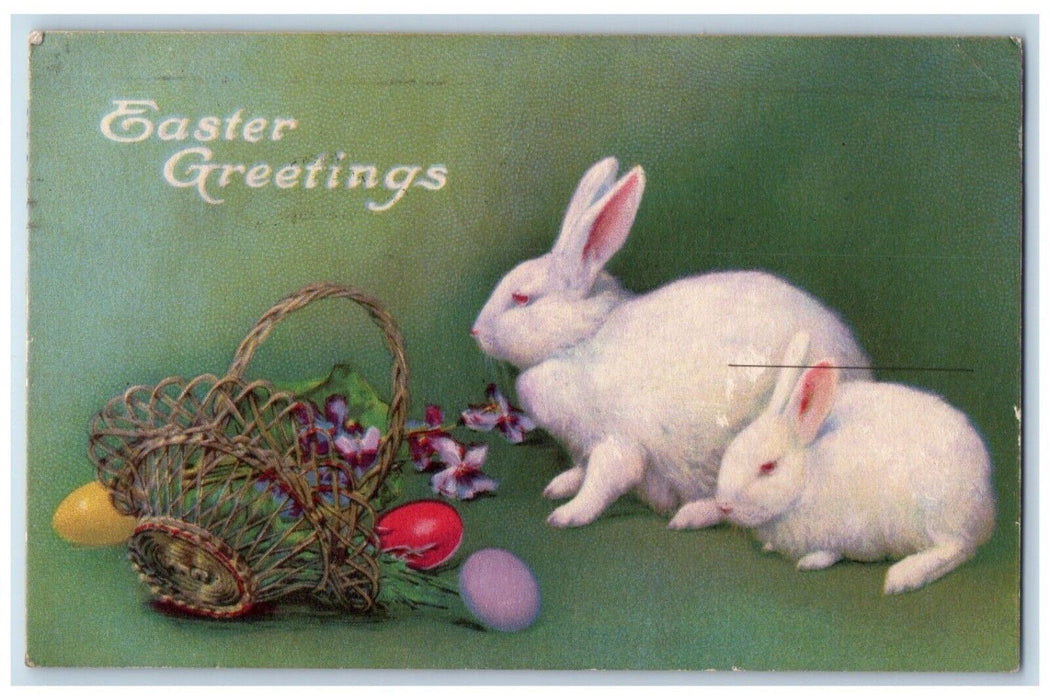 Easter Greetings Bunny Rabbit Eggs And Pansies Basket Port Norris NJ Postcard