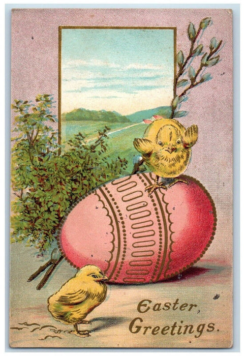 c1910's Easter Greetings Chicks On Top Of Egg Pipe Berry Embossed Postcard