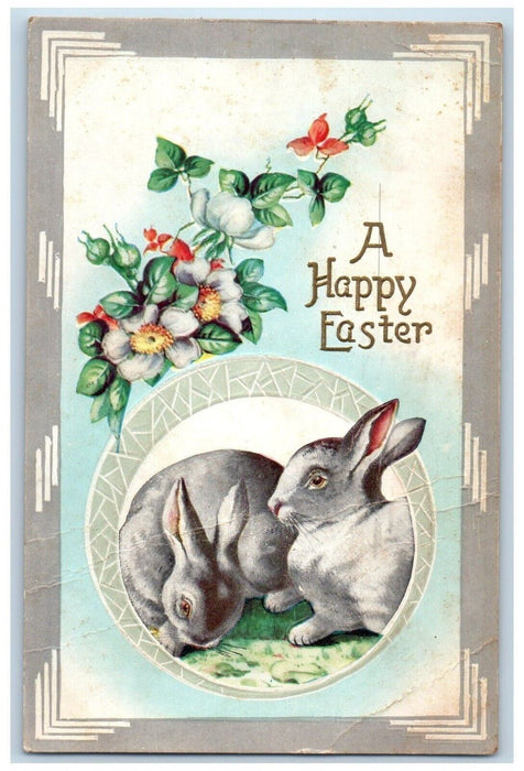 1914 Happy Easter Rabbit Flowers Embossed York Pennsylvania PA Antique Postcard