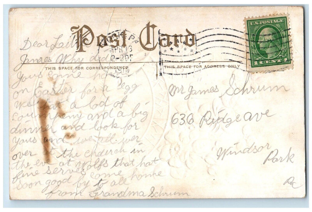 1914 Happy Easter Rabbit Flowers Embossed York Pennsylvania PA Antique Postcard