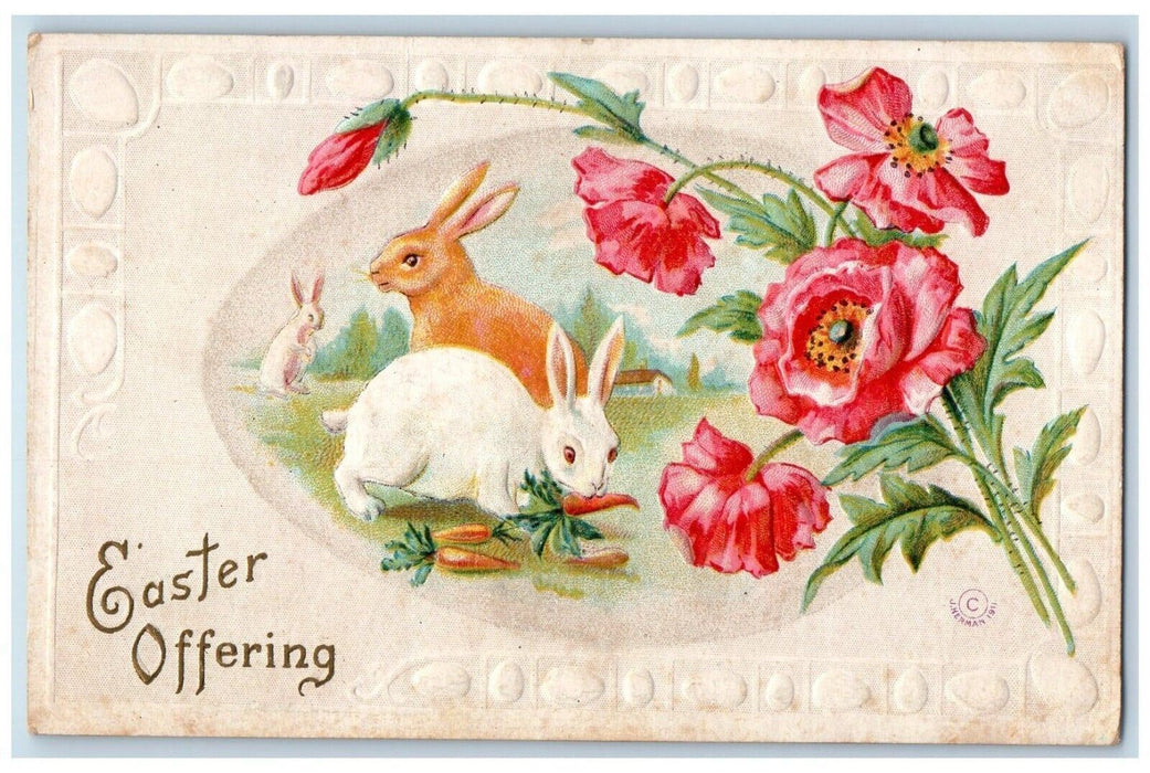 c1910's Easter Offering Bunny Rabbit Eating Carrots Flowers Embossed Postcard