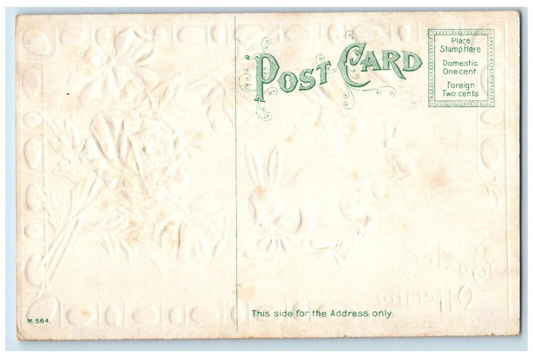 c1910's Easter Offering Bunny Rabbit Eating Carrots Flowers Embossed Postcard