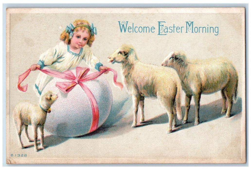 c1910's Easter Morning Girl And Lamb Big Egg Ribbon Nash Embossed Postcard