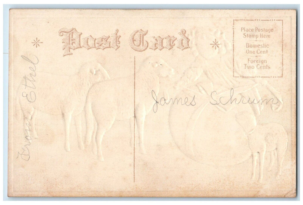c1910's Easter Morning Girl And Lamb Big Egg Ribbon Nash Embossed Postcard