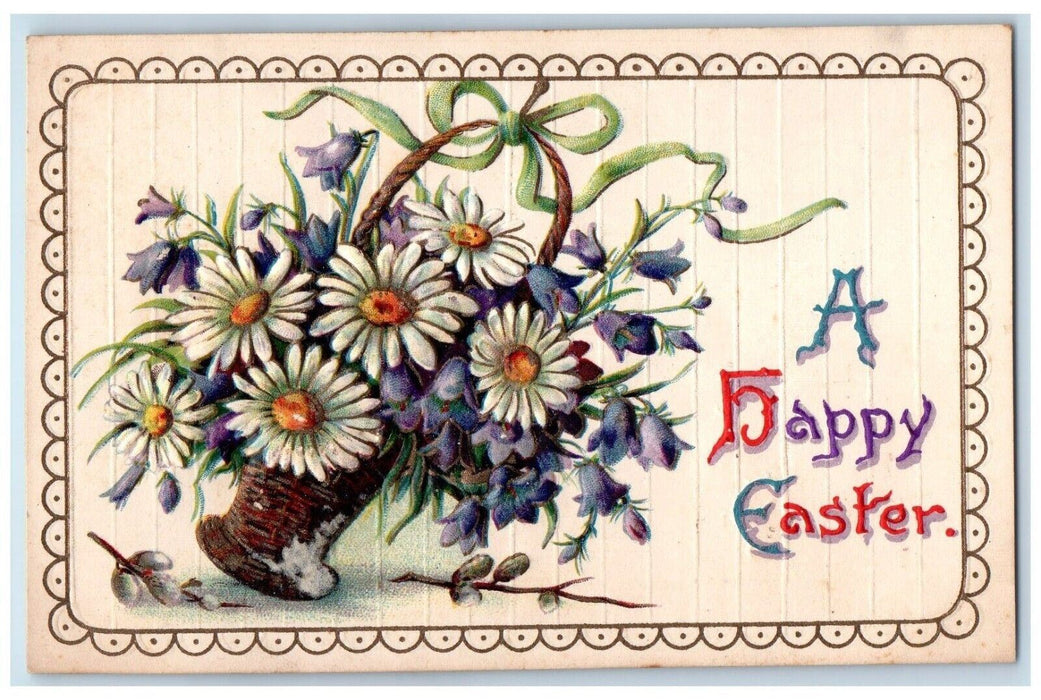 c1910's Happy Easter Pansies Daisy Flowers In Basket Embossed Antique Postcard