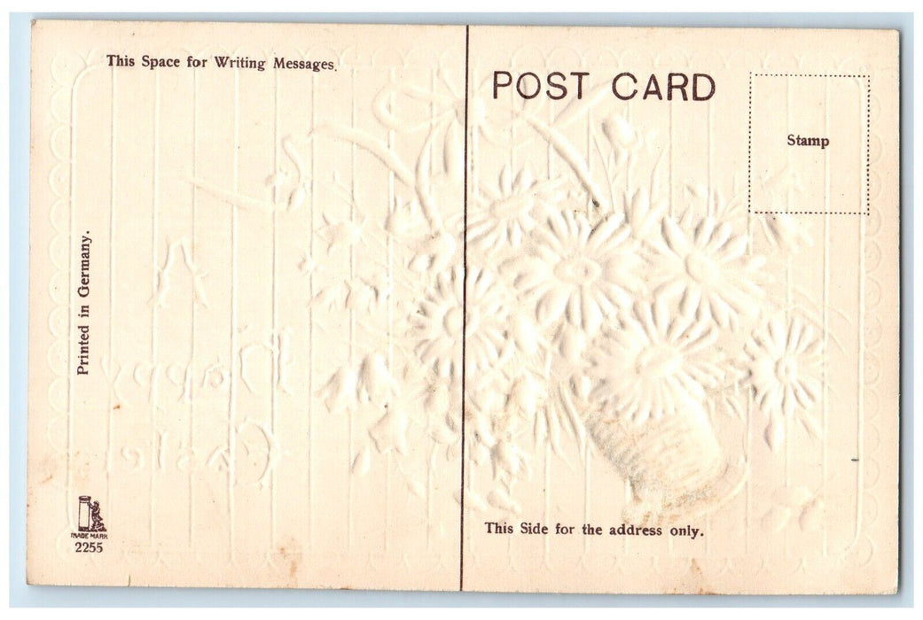 c1910's Happy Easter Pansies Daisy Flowers In Basket Embossed Antique Postcard