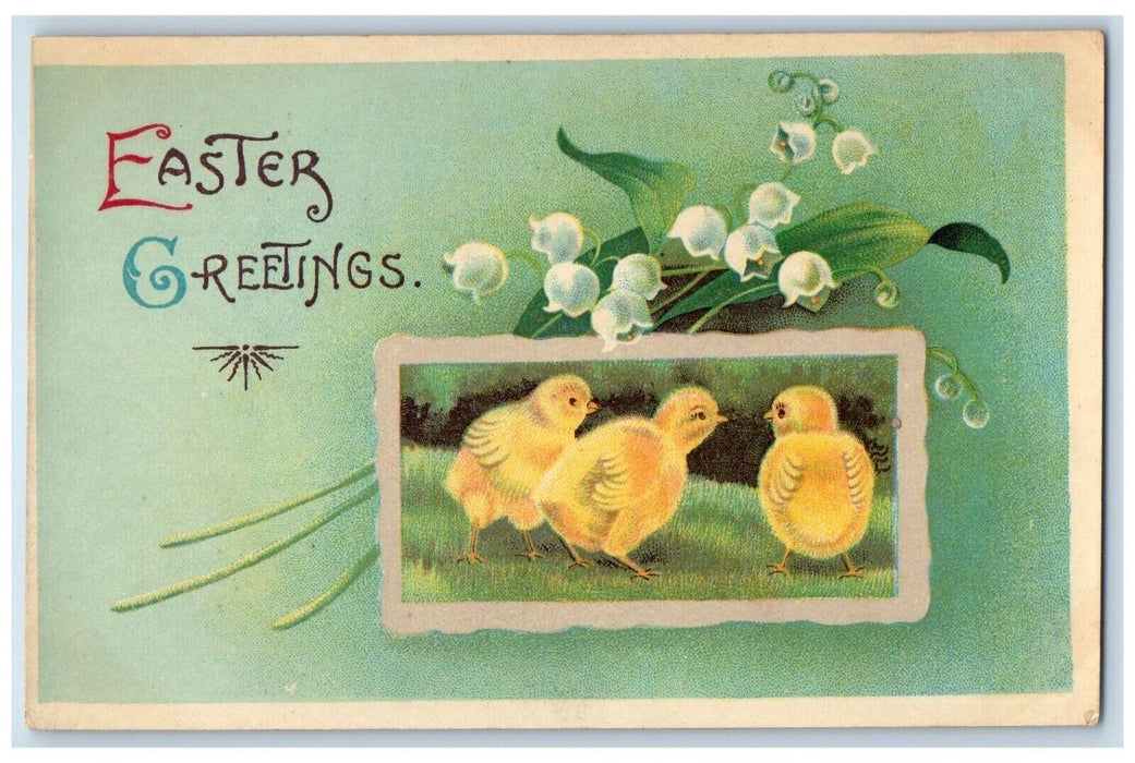 c1910's Easter Greetings Chicks Flowers Winsch Back Gel Posted Antique Postcard