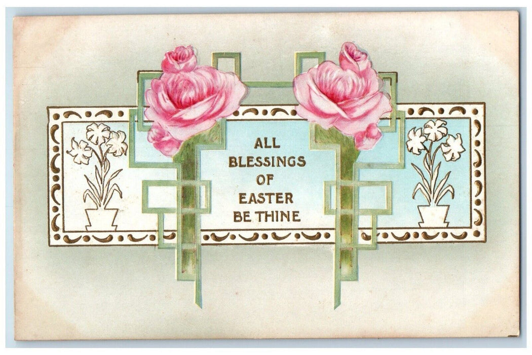 c1910's Easter Blessings Flowers Art Nouveau Embossed Unposted Antique Postcard
