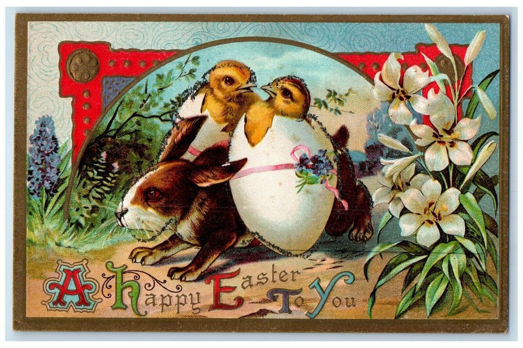 c1910's Easter Rabbit Hatched Egg Chicks Flowers Glitter Embossed Postcard