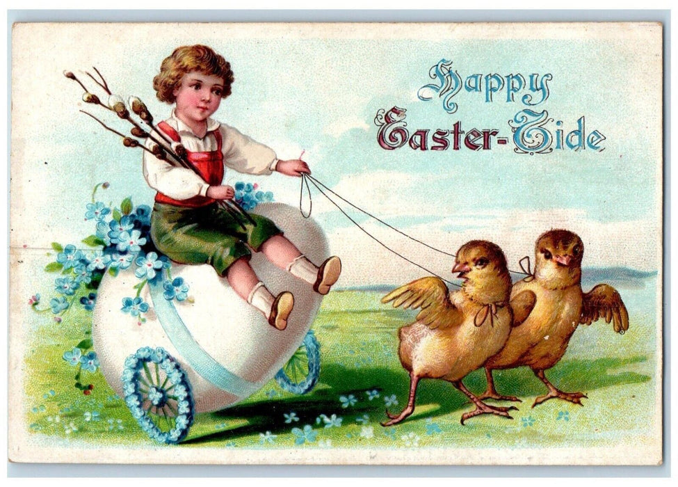 Easter Chicks Pulling Cart Hatched Egg Pipe Berry Pansies Embossed Postcard