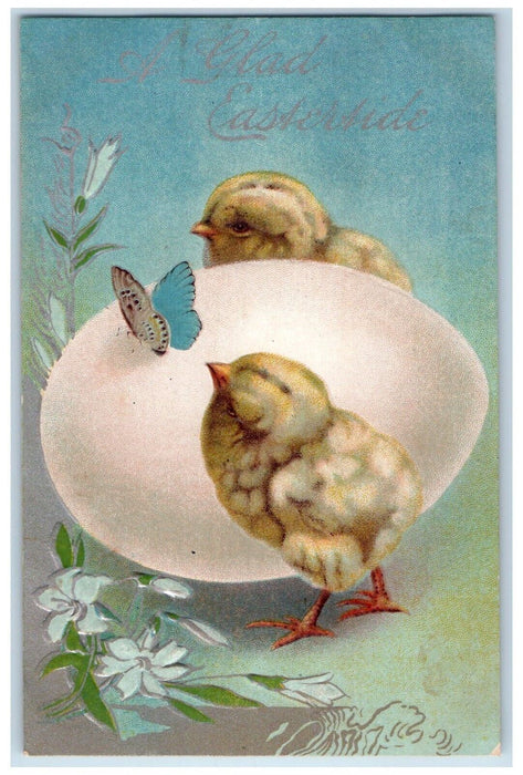 1912 Easter Chicks Butterfly Big Egg Flowers Embossed Posted Antique Postcard