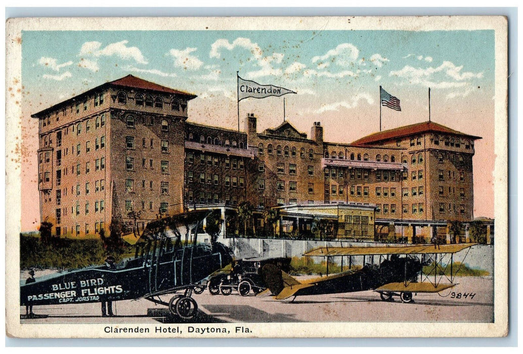 Clarenden Hotel Building Blue Bird Passenger Flights Daytona Florida FL Postcard