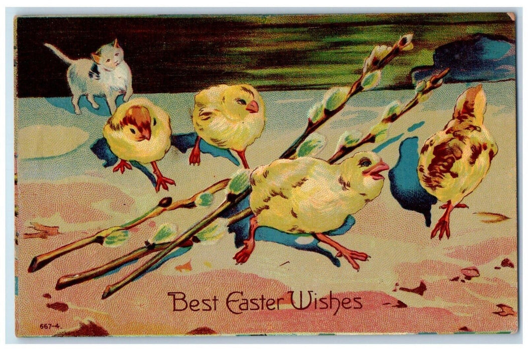 c1910's Easter Wishes Chicks Cat Pipe Berry Embossed Posted Antique Postcard