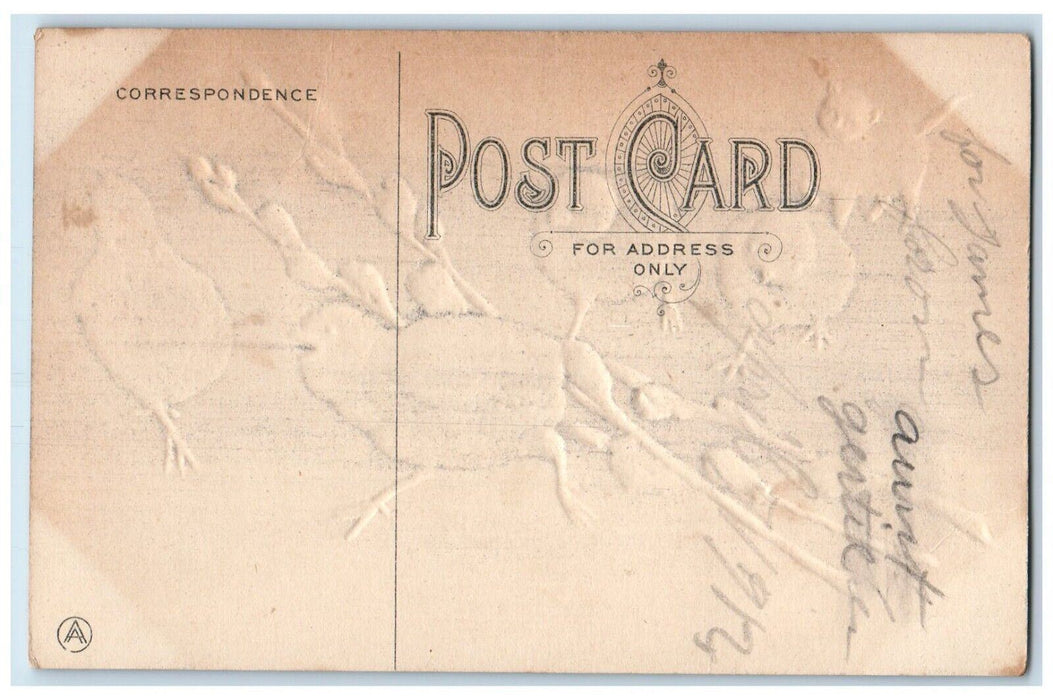 c1910's Easter Wishes Chicks Cat Pipe Berry Embossed Posted Antique Postcard