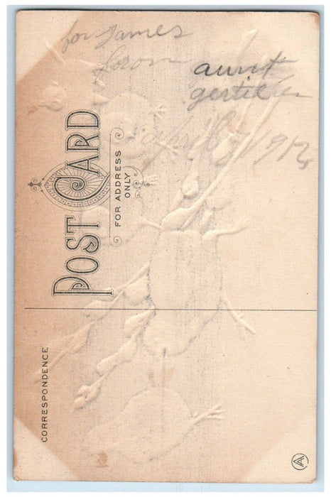 c1910's Easter Wishes Chicks Cat Pipe Berry Embossed Posted Antique Postcard