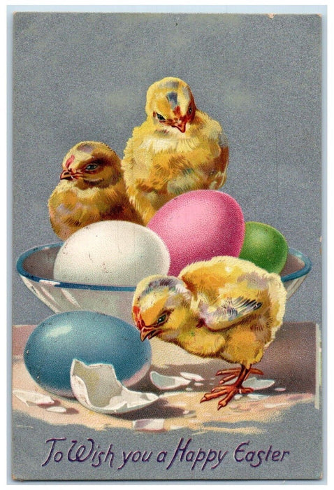 c1910's Happy Easter Chicks Hatched Egg Bowl Embossed Tuck's Antique Postcard