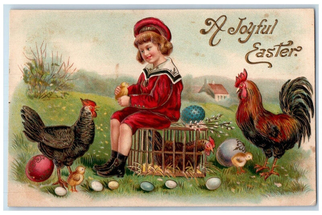 c1910's Easter Eggs Child Chicken Hen Rooster Pipe Berry Embossed Postcard