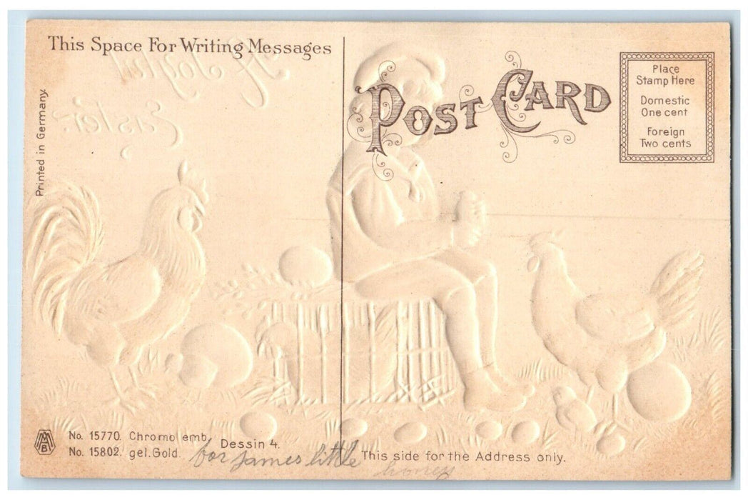 c1910's Easter Eggs Child Chicken Hen Rooster Pipe Berry Embossed Postcard