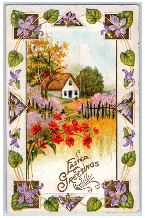 1913 Easter Greetings Purple Flowers House Marietta PA Embossed Antique Postcard