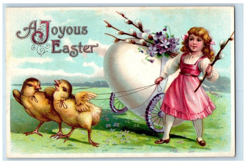 c1910's Easter Joyous Chicks Girl Cart Big Egg Pipe Flowers Embossed Postcard