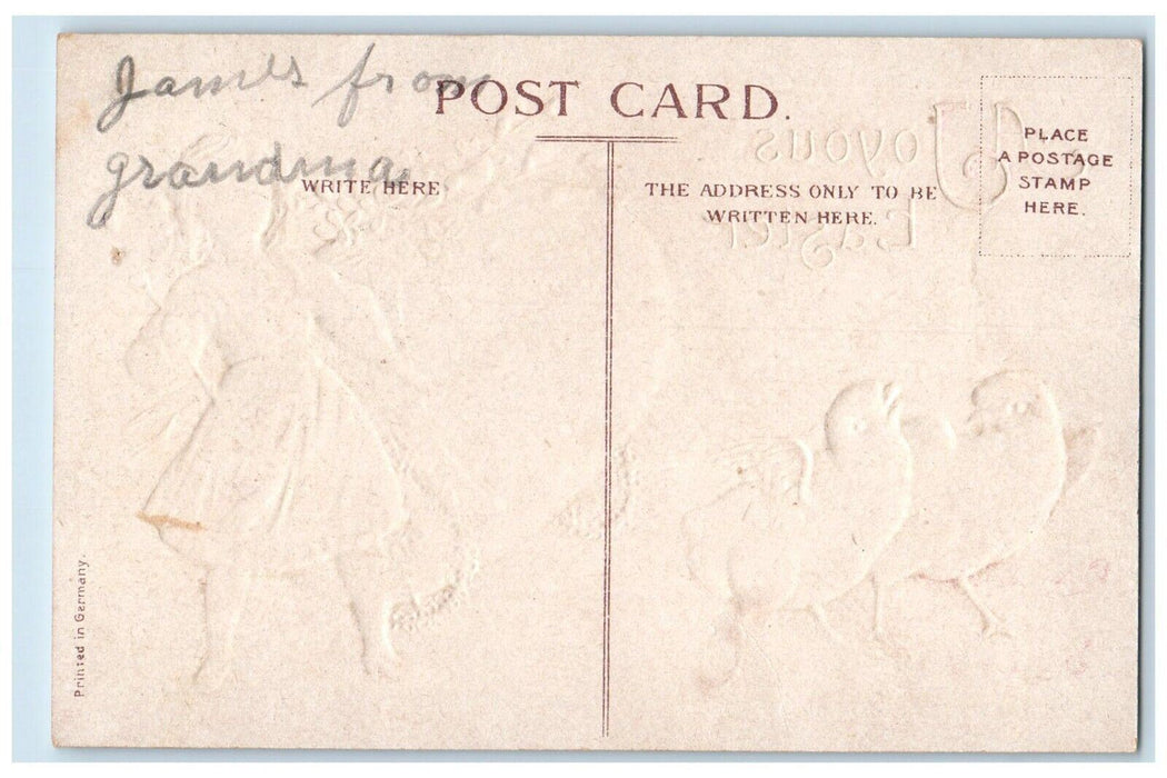 c1910's Easter Joyous Chicks Girl Cart Big Egg Pipe Flowers Embossed Postcard