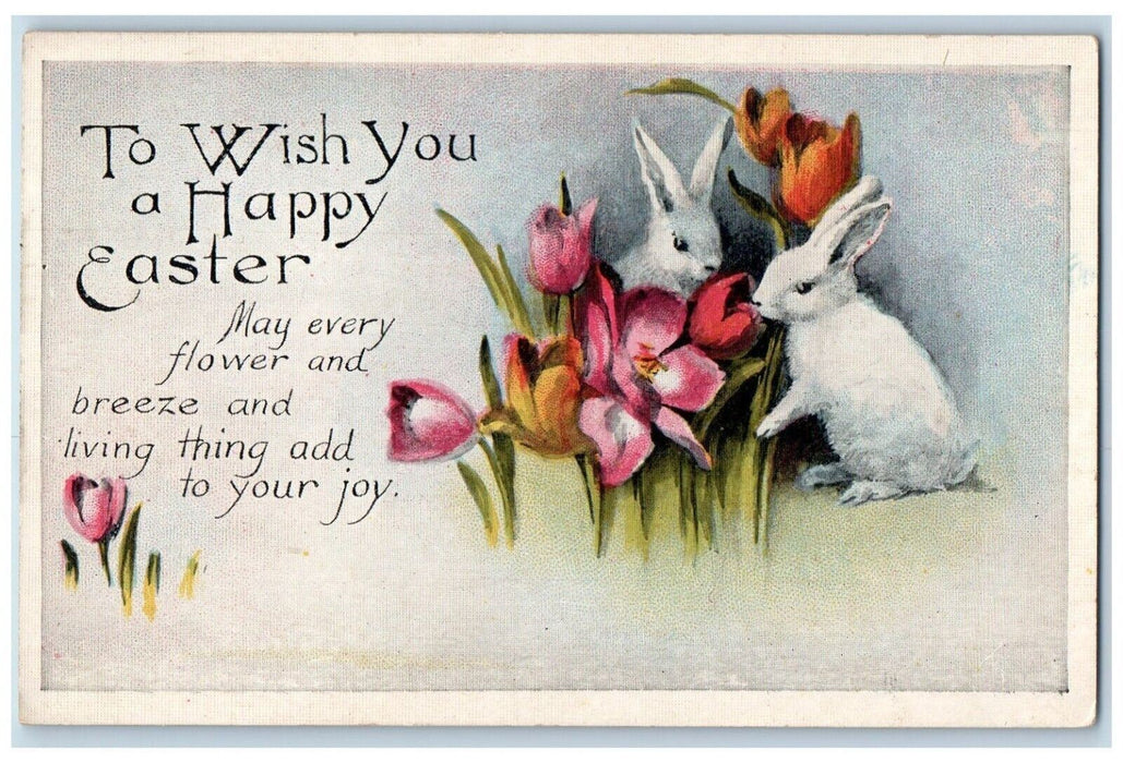 c1910's Happy Easter Bunny Rabbit Flowers And Breeze Posted Antique Postcard