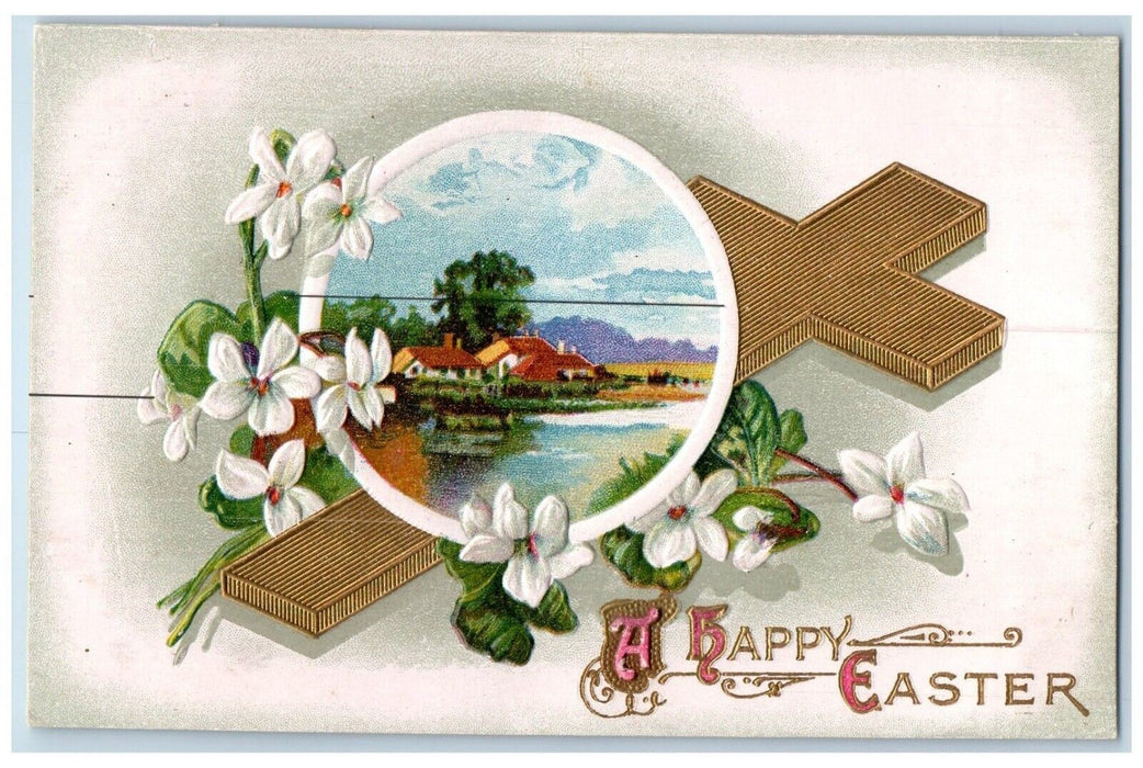 c1910's Happy Easter Holy Cross White Flowers Houses Embossed Antique Postcard