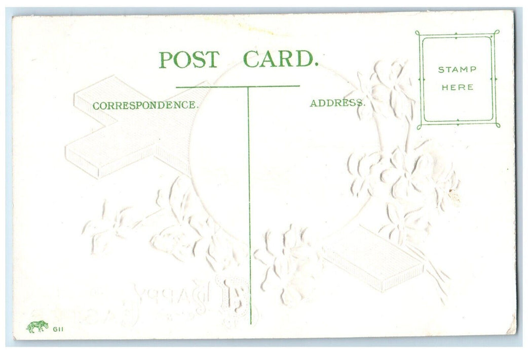 c1910's Happy Easter Holy Cross White Flowers Houses Embossed Antique Postcard