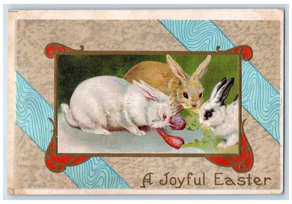 c1910's Joyful Easter Bunny Rabbit Eating Carrots Onion Embossed Posted Postcard