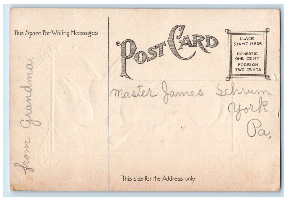 c1910's Joyful Easter Bunny Rabbit Eating Carrots Onion Embossed Posted Postcard