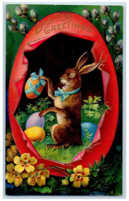 c1910's Easter Greetings Rabbit In Hatched Egg Flowers Pipe Berry Postcard