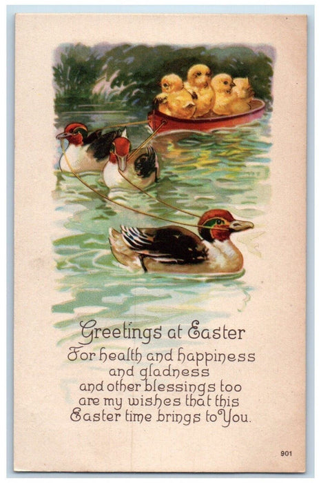 c1910's Easter Greetings Mallard Ducks Pulling Boat Chicks Antique Postcard