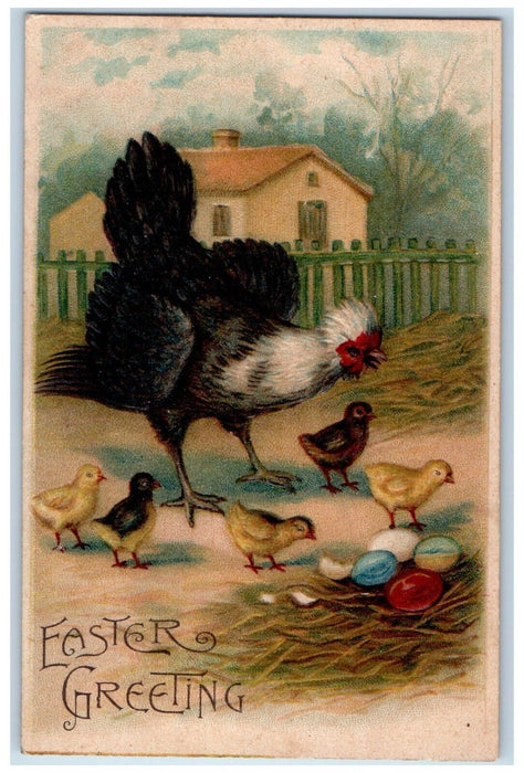 Easter Greeting Chicken Hen Chicks Eggs Embossed Unposted Antique Postcard